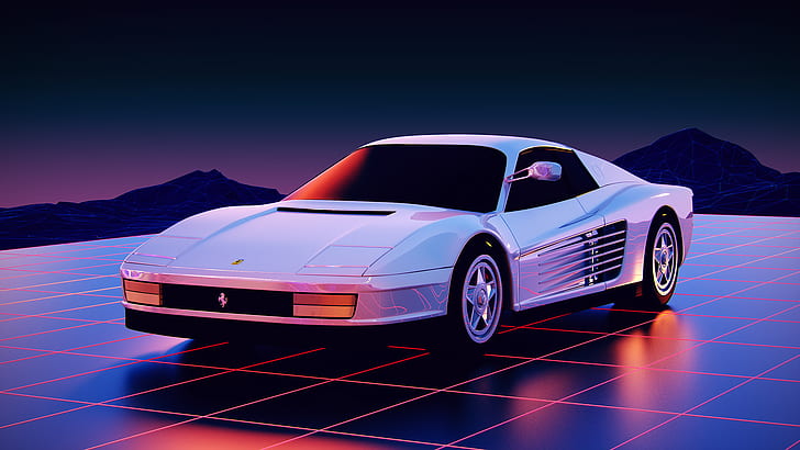 odbicie, lata 80., Ferrari Testarossa, styl retro, góry, Tapety HD