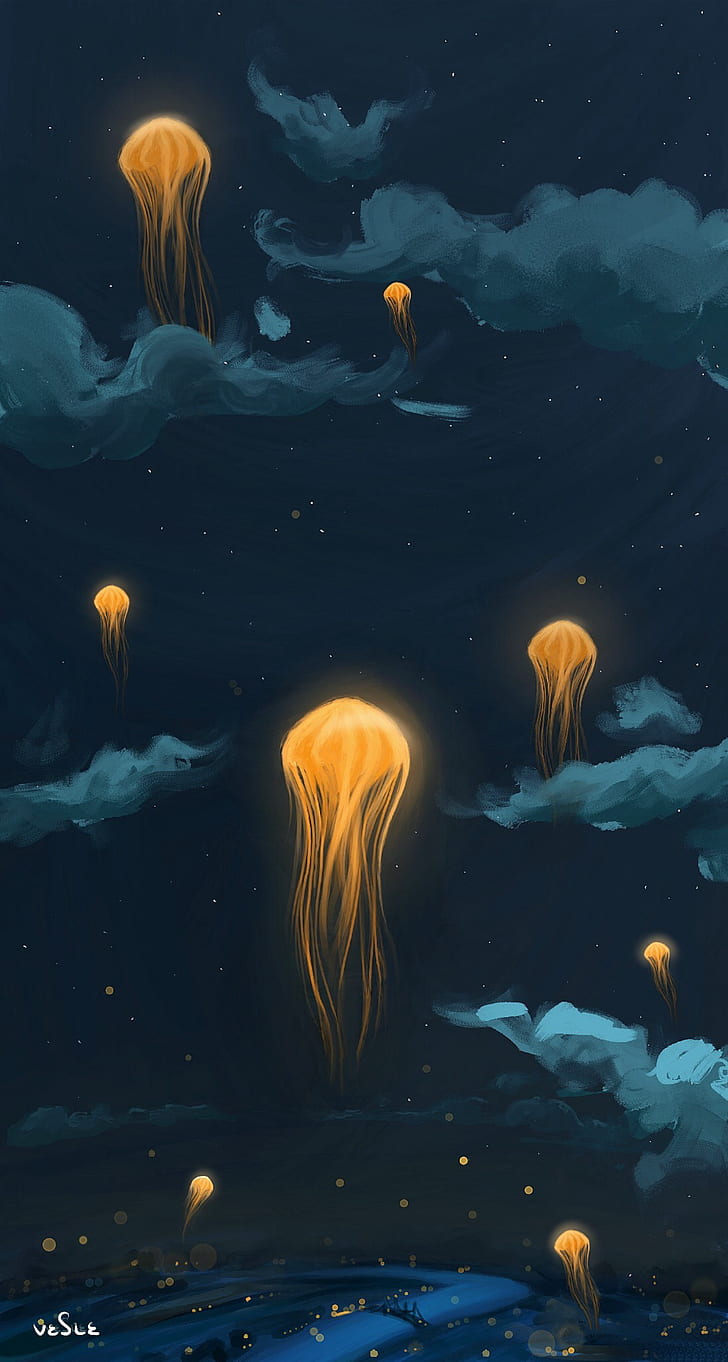 медузы, фонари, ночь, арт, небо, фантастика, HD обои, телефон обои