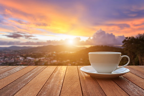 taza blanca y platillo, amanecer, café, mañana, taza, veranda, buenos días, Fondo de pantalla HD HD wallpaper