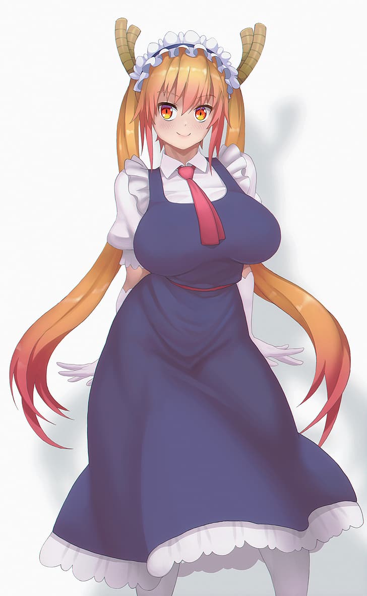 Kobayashi-san Chi no Maid Dragon, big boobs, long hair, twintails, gradient hair, blushing, curvy, maid outfit, dragon girl, white gloves, standing, red eyes, horns, white socks, elbow gloves, arms behind back, hanging boobs, bangs, anime girls, smile, fan art, 2D, anime, simple background, looking at viewer, blonde, redhead, vertical, monster girl, solo, artwork, k19chan, HD wallpaper