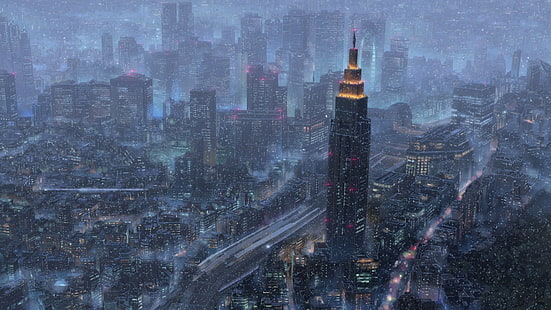 Anime, ditt namn., Stad, Kimi No Na Wa., Natt, Skyline, Snöfall, Tokyo, HD tapet HD wallpaper