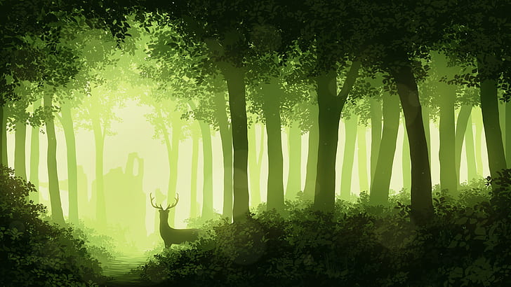 Wald, Bäume, Laub, Hirsche, Hörner, Monochrom, Guides-Guides, HD-Hintergrundbild