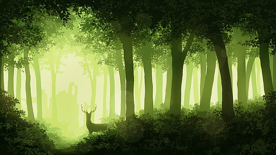 лес, деревья, листва, олени, рога, монохромные, гиды-гиды, HD обои HD wallpaper