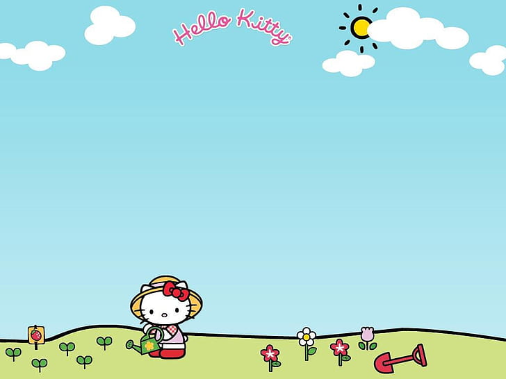 Bogen Wolken Hallo Kitty Anime Hallo Kitty HD Kunst, Wolken, niedlich, Blumen, Kleid, Bogen, Gärtner, HD-Hintergrundbild