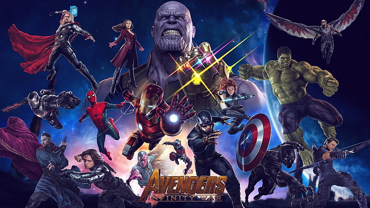 Marvel Avengers Infinity Wars fond d'écran, capitaine américain, thor, hulk, homme araignée, homme de fer, hawkeye, vengeurs, veuve noire, machine de guerre, homme fourmi, panthère noire, vengeurs: guerre à l'infini, docteur étrange, thanos, Fond d'écran HD