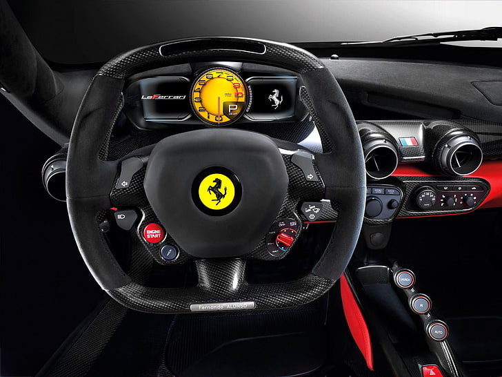 черный Ferrari руль, ferrari, laferrari, салон, авто, руль, HD обои