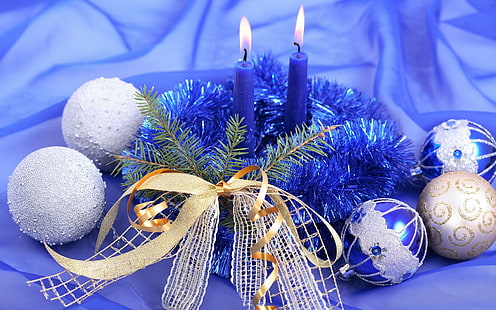 nouvel an, noël, bougies, ornement, bleu, sphères, nouvel an, noël, bougies, ornement, bleu, sphères, Fond d'écran HD HD wallpaper