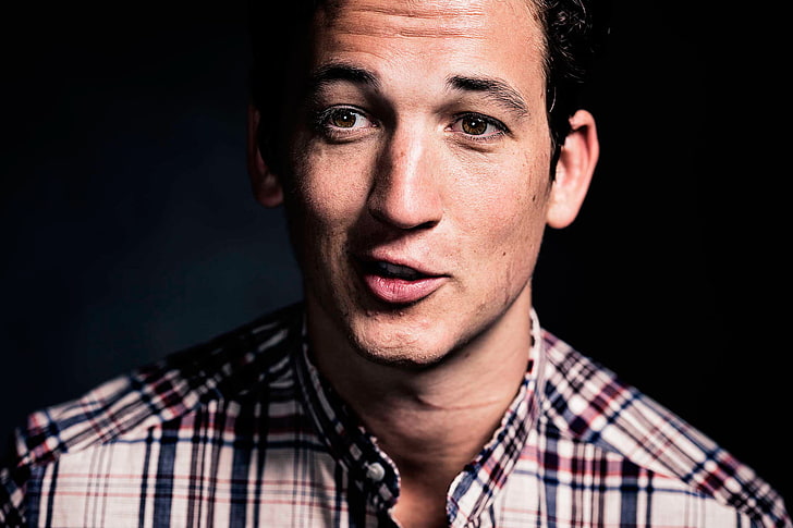 men's white and blue button collared top, miles teller, photo shoot, actor, shirt, face, facial expressions, HD wallpaper