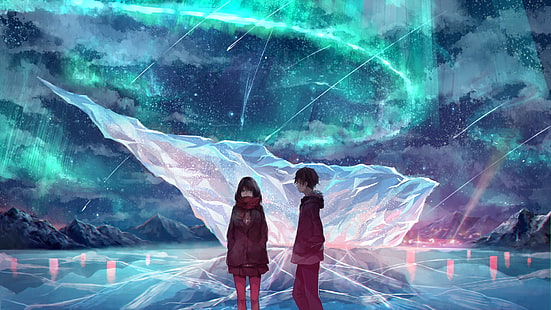 pasangan anime, lapangan es, syal, gadis anime, anak laki-laki, Anime, Wallpaper HD HD wallpaper