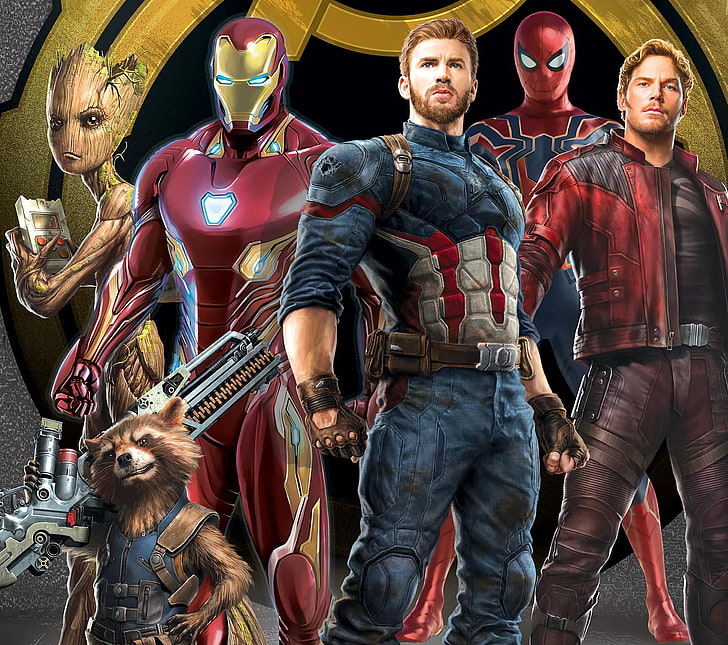 Sfondo Marvel Avengers, Film, Avengers: Infinity War, Capitan America, Groot, Iron Man, Rocket Raccoon, Spider-Man, Star Lord, Sfondo HD