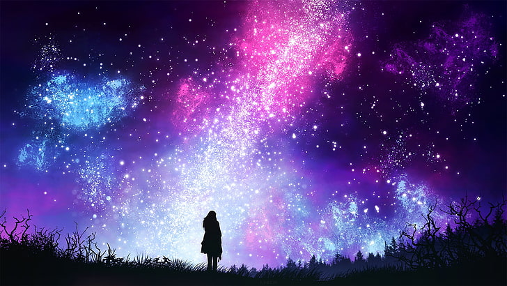 różowe, fioletowe i niebieskie gwiazdy galaktyki, niebo, dziewczyna, przestrzeń, noc, autor: kvacm, Tapety HD