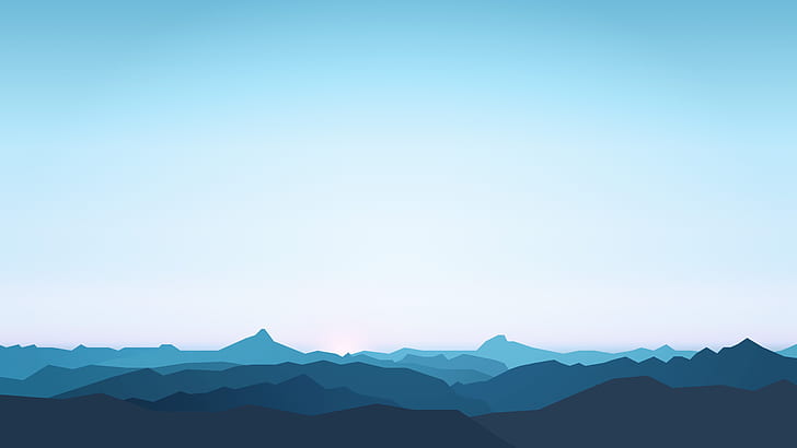 grafika, minimalizm, góry, mgła, niebo, niebieski, prosty, niebieskie tło, Tapety HD