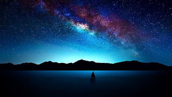 силует на илюстрация на лодка, нощ, звездно, звезди, млечен път, небе, нощно небе, природа, HD тапет HD wallpaper