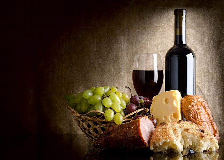 white grapes and bread, wine, basket, glass, cheese, bread, grapes, salmon, HD wallpaper