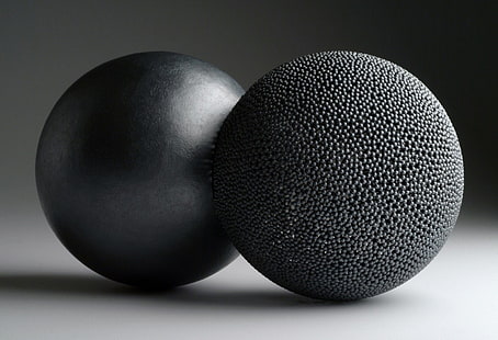 duas esferas pretas, bola, ponto, plano de fundo, cinza, HD papel de parede HD wallpaper