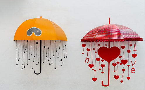 Paraguas, corazones de amor, amarillo y rojo, Paraguas, amor, corazones, amarillo, rojo, Fondo de pantalla HD HD wallpaper