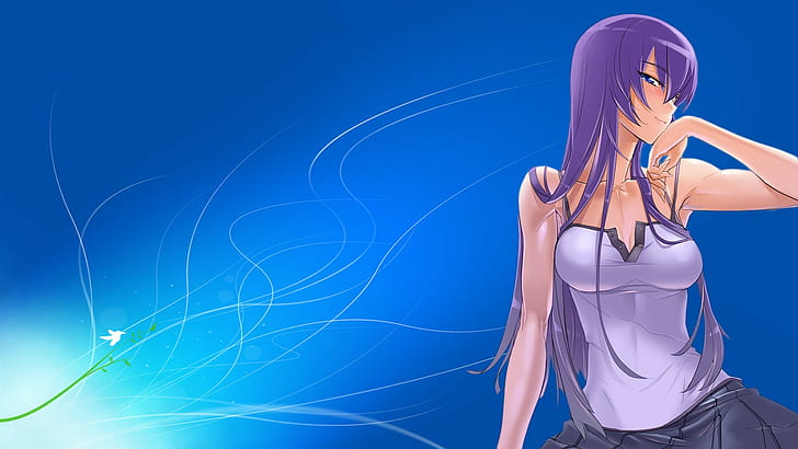 Busujima Saeko, Highschool of the Dead, аниме, аниме девушки, расщепление, фиолетовые волосы, синий фон, HD обои
