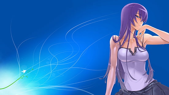 cleavage, purple hair, Highschool of the Dead, blue background, anime girls, Busujima Saeko, anime, HD wallpaper HD wallpaper