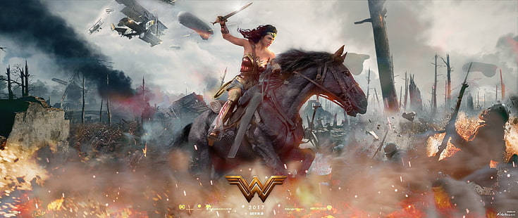 2017 Wonder Woman цифров тапет, кино, огън, бойно поле, пламък, меч, пистолет, Wonder Woman, дирижабъл, броня, оръжие, война, мъж, армия, битка, филм, ken, самолет, острие, брюнетка, кон, филм, пушка , искра, изстрели, смъртни случаи, fa art, HD тапет HD wallpaper