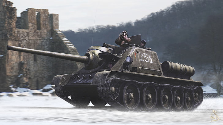 czarny czołg bojowy, ZSRR, czołg, II wojna światowa, grafika cyfrowa, wojsko, pojazd, SU-85, Tapety HD