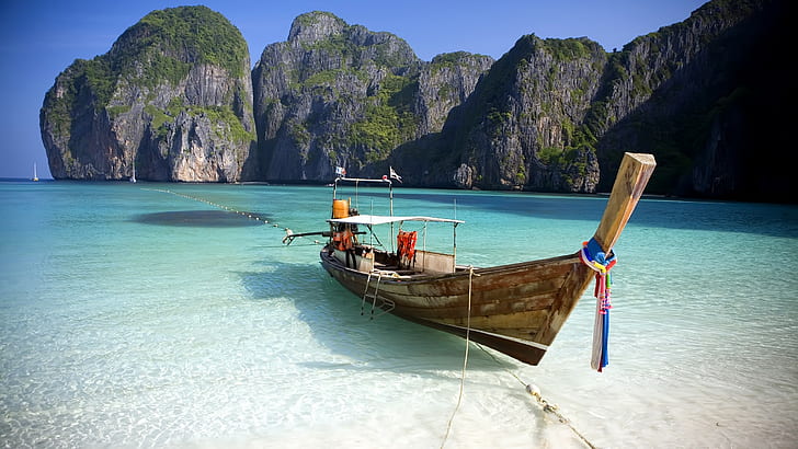 пляж, лодка, скалы, острова Пхи-Пхи, Азия, HD обои