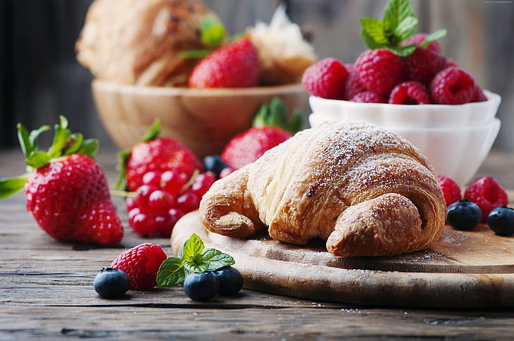 French croissants, delicious, fruit, raspberry, strawberry, berries, 4k, HD wallpaper