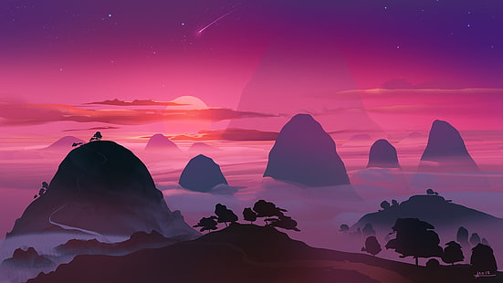 mountains illustration, artwork, illustration, mountains, sunset, sky, stars, HD wallpaper HD wallpaper