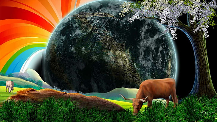 Радуга Вокруг Света, космос, коровы, крупный рогатый скот, дождь, трава, камни, цветы, деревья, поле, абстракция, 3d и аннотация, HD обои