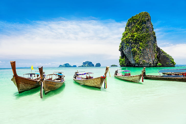 four brown canoes, beach, boat, coast, island, ocean, paradise, sea, tropical, HD wallpaper