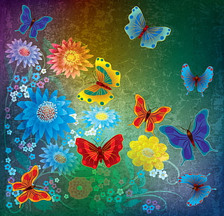 бабочки и цветы цифровые обои, бабочка, цветы, абстракция, дизайн, гранж, бабочки, HD обои HD wallpaper