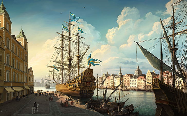 Pelabuhan Kota Tua, lukisan kapal layar klasik, Wallpaper HD