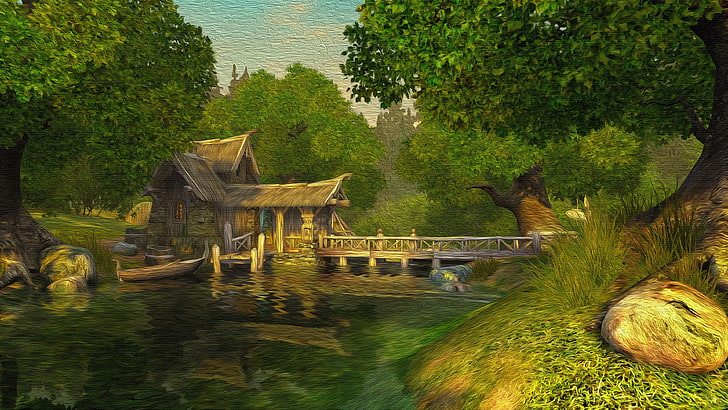 cabin, house, river, forest, landscape, painting, bridge, tree, footbridge, HD wallpaper