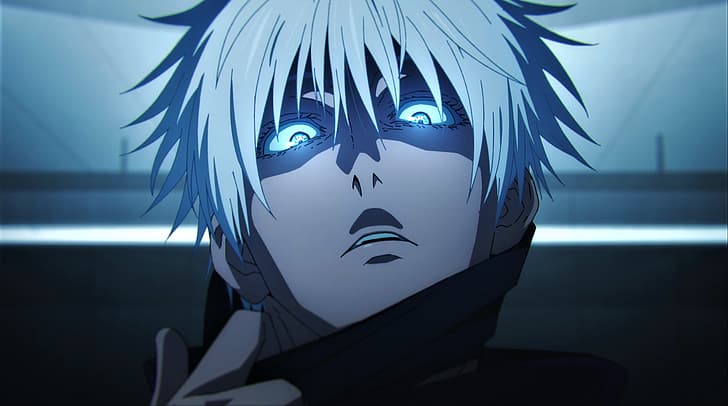 Satoru Gojo Jujutsu Kaisen ดวงตาสีฟ้า ดวงตาเรืองแสง ผมขาว ขมวดคิ้ว มือ อะนิเมะ Anime ภาพหน้าจอ อะนิเมะชาย, วอลล์เปเปอร์ HD