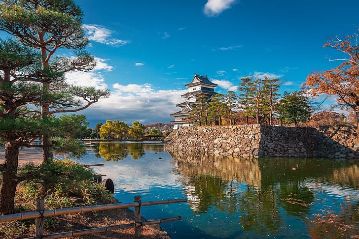 вода, деревья, замок, Япония, сосна, ров, Мацумото, Замок Мацумото, HD обои