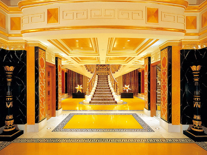 brown and white staircase, gold, architecture, interior, interior design, HD wallpaper