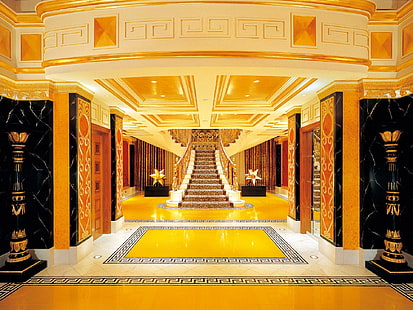 escada marrom e branca, ouro, arquitetura, interior, design de interiores, HD papel de parede HD wallpaper
