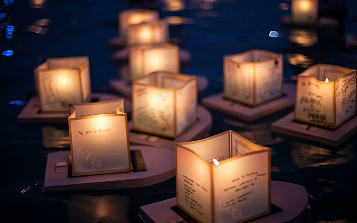 Floating Lanterns, view, lovely, floating lanterns, lake, beautiful, water, peaceful, ocean, splendor, lanterns, candle, HD wallpaper