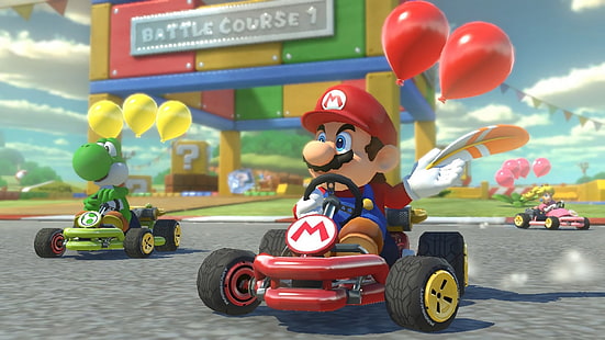 Mario, Mario Kart 8 Deluxe, Princess Peach, Yoshi, Sfondo HD HD wallpaper