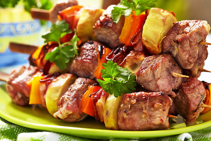 grilled barbecues, meat, vegetables, kebab, skewers, HD wallpaper