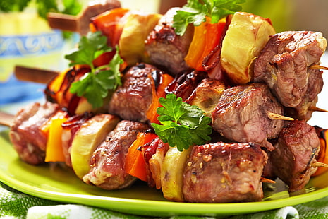 grilled barbecues, meat, vegetables, kebab, skewers, HD wallpaper HD wallpaper