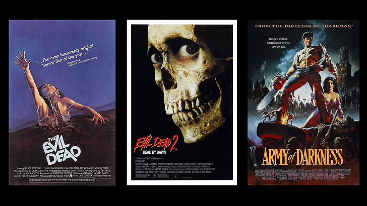 три разных постера фильма, трилогия, злые мертвецы, армия тьмы, фильмы, HD обои