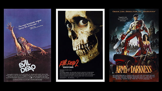 три различни филмови плаката, Трилогия, Зли мъртви, Армия на мрака, филми, HD тапет HD wallpaper