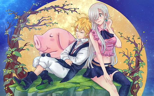 couple and pig near trees in animated photo, Nanatsu no Taizai, pigs, HD wallpaper HD wallpaper
