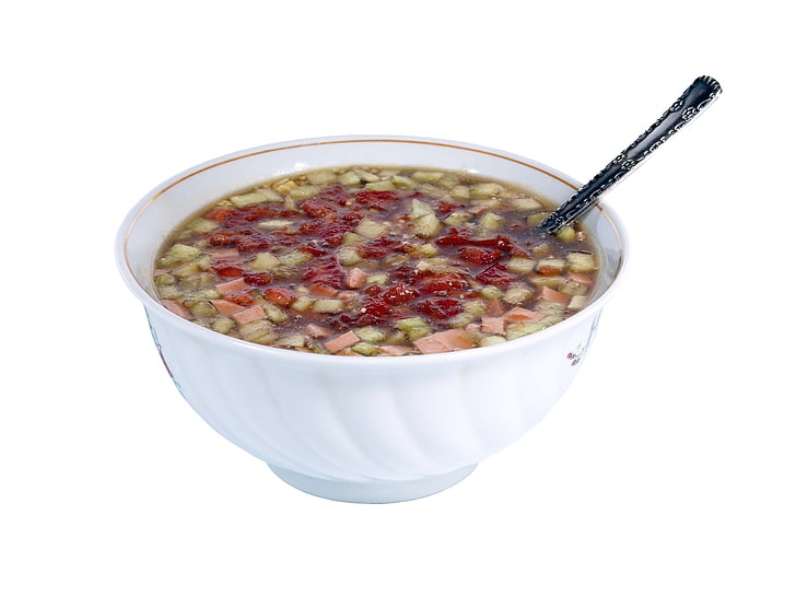 white ceramic bowl, soup, plate, spoon, white background, HD wallpaper