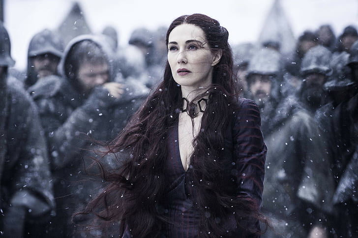 Game of Thrones, necklace, Carice van Houten, long hair, HBO, TV, brunette, blue eyes, Melisandre, actress, army, cleavage, HD wallpaper