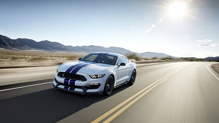 white car, sunshine, car, shelby mustang, vehicle, ford shelby gt350 mustang, ford mustang shelby gt350, 8k uhd, sports car, road, ford mustang, 8k, sunlight, road trip, HD wallpaper