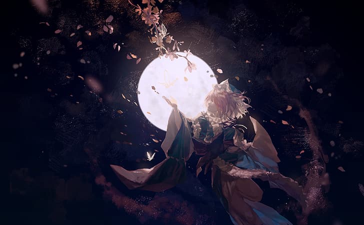 Anime, Anime Mädchen, Touhou, Mond, Blütenblätter, Kimono, Sakura (Baum), Schmetterling, kurze Haare, rosa Haare, dunkler Hintergrund, HD-Hintergrundbild
