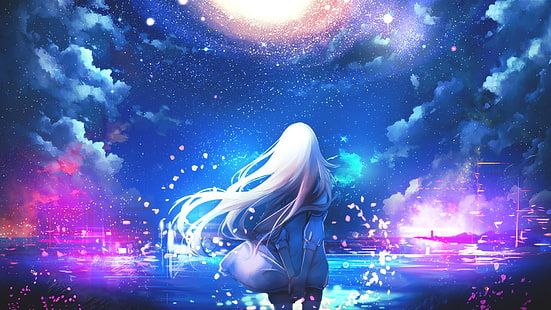 женски аниме герой, аниме, аниме момичета, бяла коса, дълга коса, небе, звезди, облаци, HD тапет HD wallpaper