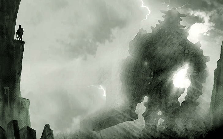 Shadow of the Colossus BW HD ، خلفية توضيحية متحركة ، ألعاب فيديو ، وزن الجسم ، الظل ، العملاق، خلفية HD