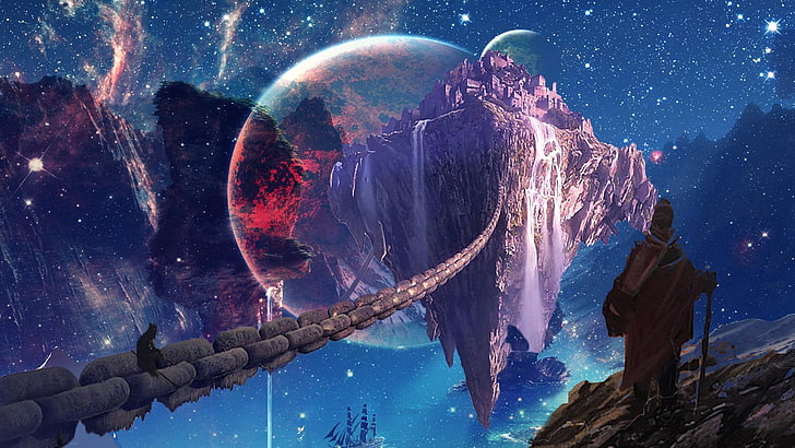 man holding black walking cane digital wallpaper, planet, landing, science fiction, wizard, assassins, mountains, sea, stars, HD wallpaper